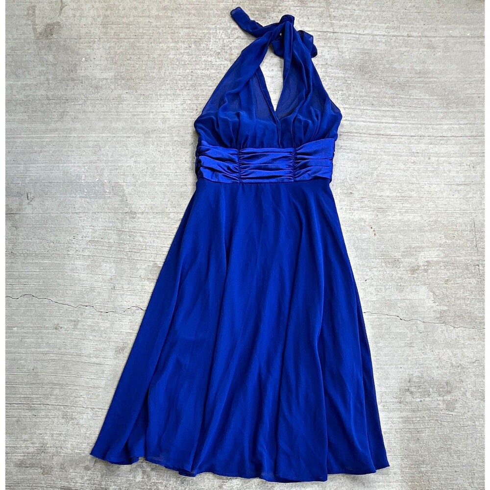 Blue Chiffon Halter Sleeveless Ruched A-Line Dress 10 Coctail Date Night Y2K